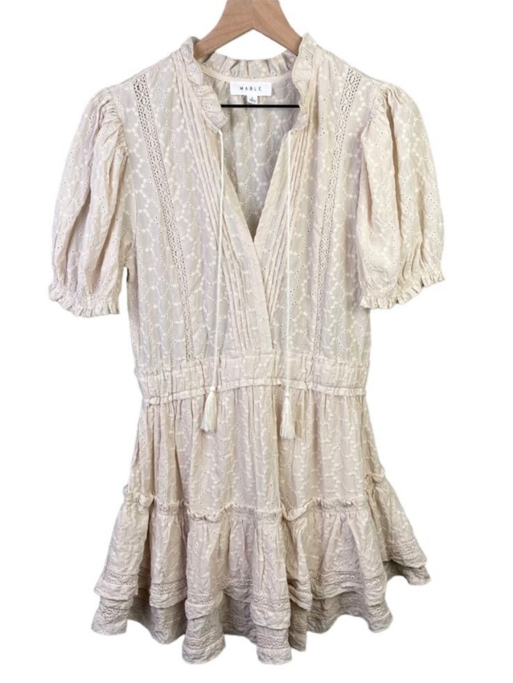 Mable White Eyelet Lace Midi Dress Size L Boho Tiered Puff Sleeve
